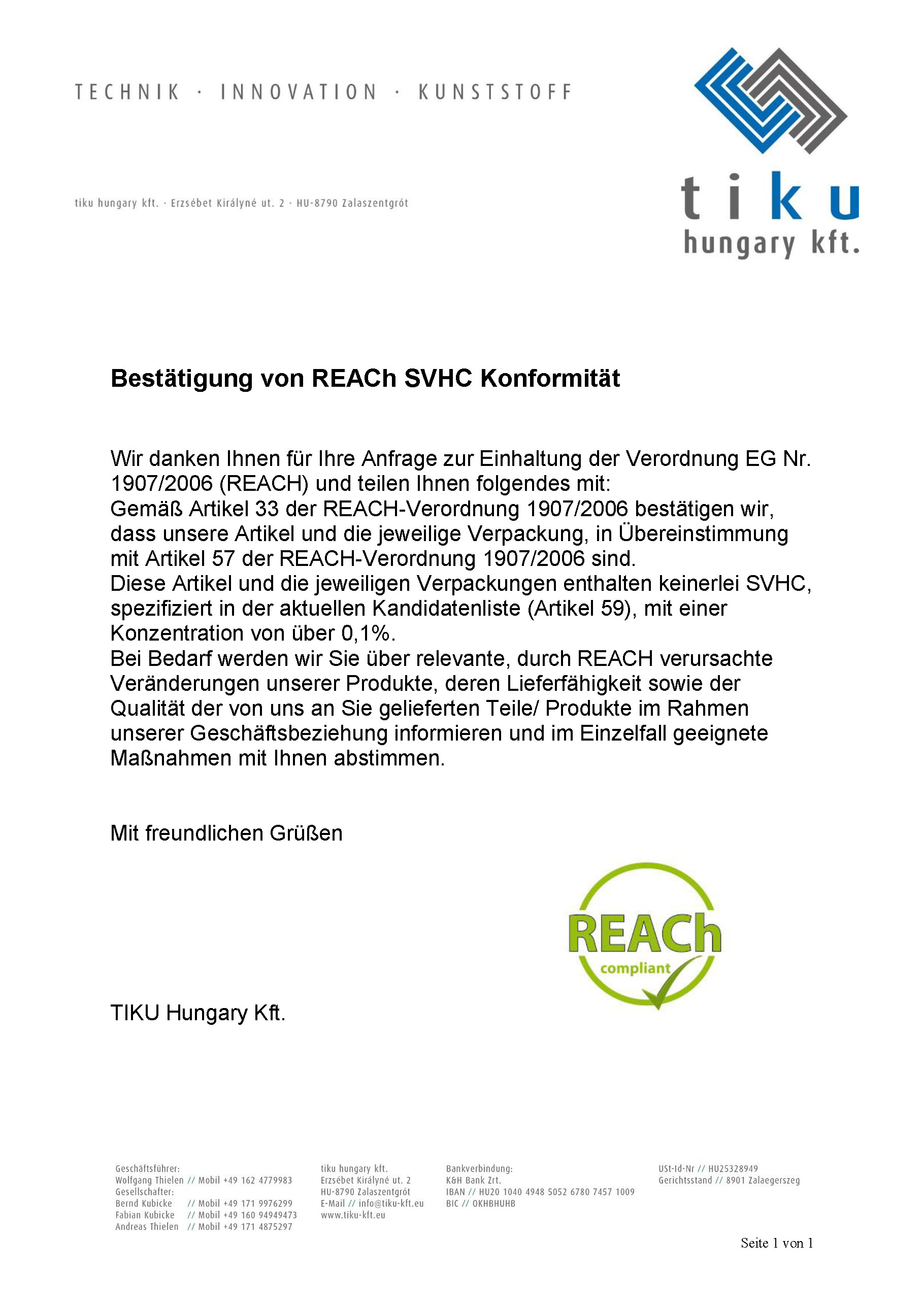 tiku hungary Bestätigung von REACh SVHC Konformität